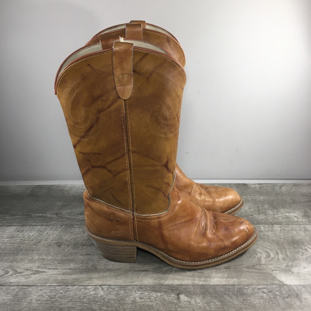 Vintage Texas Men’s Brown Marbled Leather Cowboy Western Stacked Heel Boots 10